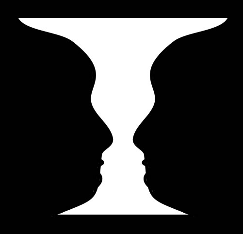Take a look at this classic optical illusion, what do you see? Two faces in profile or a white vase?