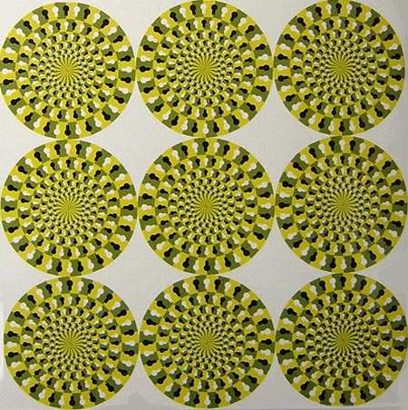 The nine wheels that make up this optical illusion appear to be in motion when you look at them.