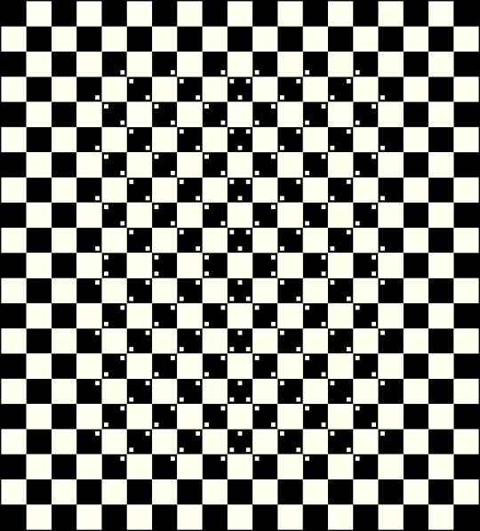 The black and white checkered squares in the center of this optical illusion appear to be pinched inwards because of the small white dots.