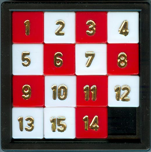 This picture shows a classic 15 squares puzzle game that you might find hanging on someone's key chain.