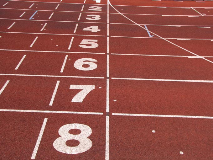 This picture shows the lane numbers of an athletics track.