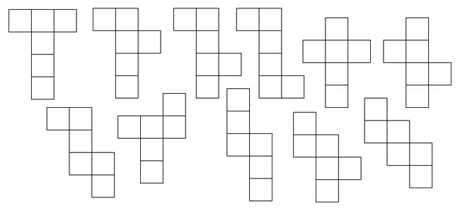 This picture shows the 11 possible nets that can form a cube. A net is a 2D representation of a 3D object.