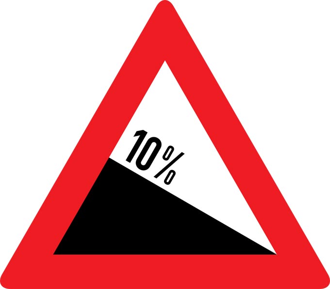 This picture shows a warning sign that indicates a 10% downhill gradient.