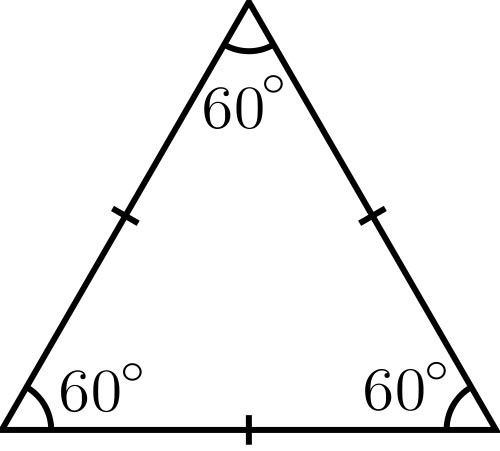 This picture shows an example of an equilateral triangle, which all have internal angles of 60 degrees and three sides of equal length.