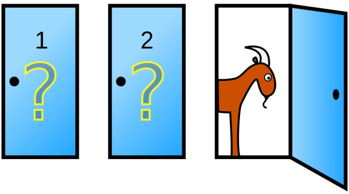 This picture is used to illustrate the Monty Hall problem, where a contestant trying to win a car on a game show is asked if they would like to change their original door choice after the host opens one of the unopened doors to reveal a goat. The contestant has a better chance to win the car if they change doors even if it doesn't seem logical.