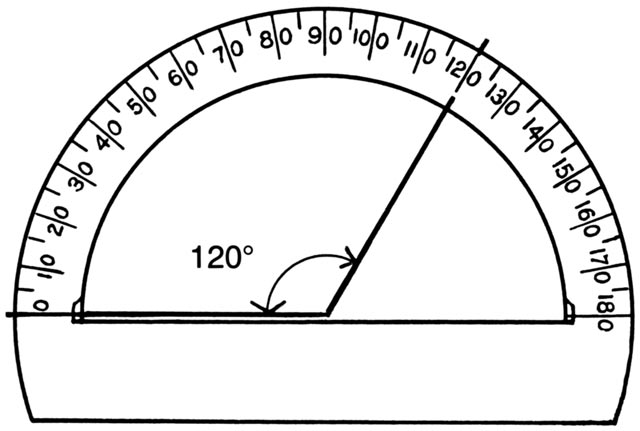 This picture features a protractor drawing that shows an angle of 120 degrees.