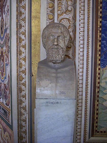 This photo shows a statue of Pythagoras found at the Vatican Museum. Born in 570 BC, Greek mathematician and philosopher Pythagoras of Samos is most famous for the Pythagorean theorem relating to triangles and geometry that bears his name.