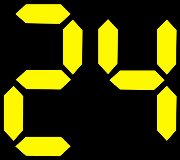 This picture shows the number 24 in yellow digits on a black background similar to that of a digital clock.