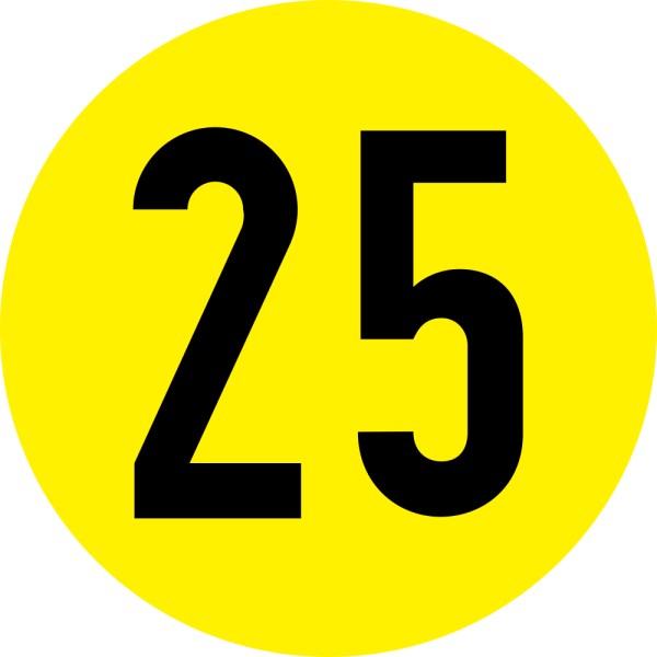 This picture shows the number 25 written in black against the background of a yellow circle.