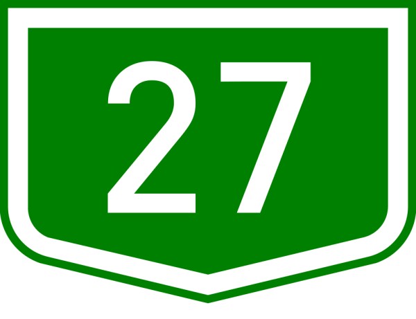 This picture shows the number 27 written in white inside a shield symbol.
