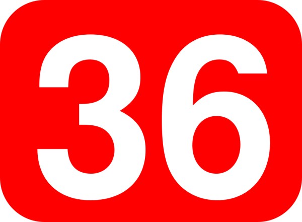 This picture shows the number 36 written in white against a red background.