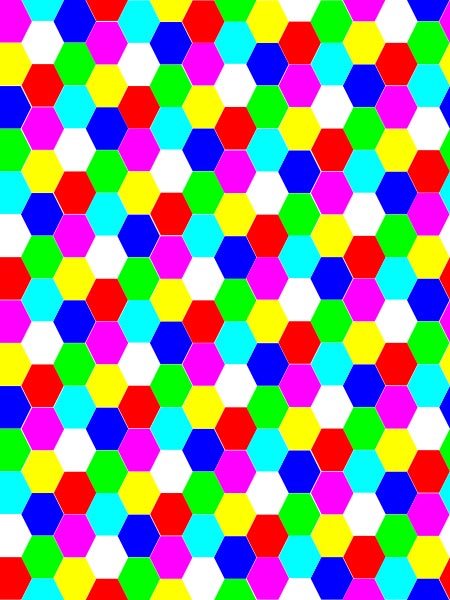 This picture features a pattern of interlaced hexagons put together to form a colorful hexagonal tessellation.