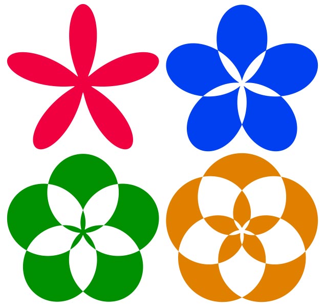 This picture shows four different mathematical based floral patterns.
