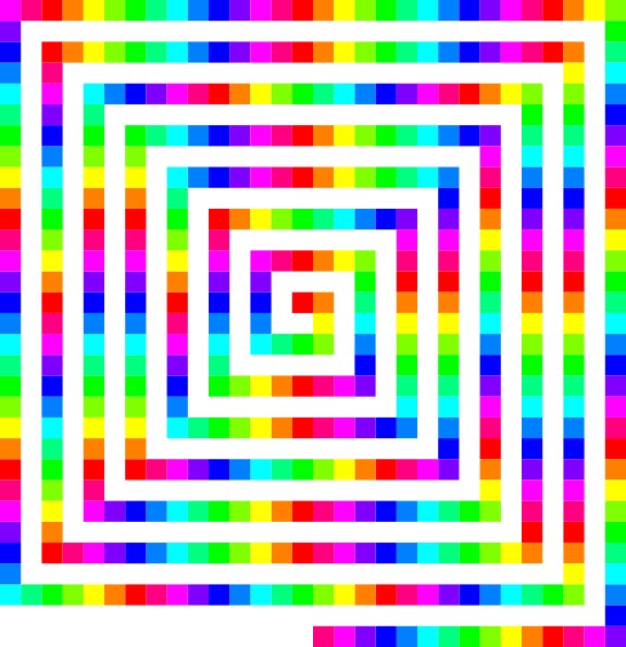 This color spiral is made up of hundreds of colored squares placed next to each other to form a snake shaped spiral pattern.