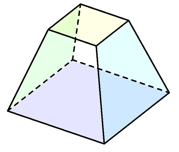 This picture features a frustum created from a square pyramid. A frustum is a shape that makes up part of a three dimensional solid (typically a pyramid or cone) after it has been cut by two parallel planes.