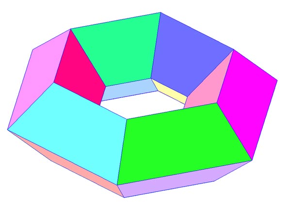 This picture features a toroidal polyhedron in the shape of a hexagonal torus.