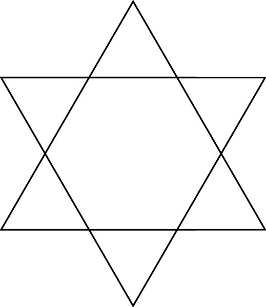 This picture features a hexagram star. A hexagram is a 6 pointed star with 6 straight lines that form the shape of a hexagon in the middle. It can also be seen as the combination of 2 equilateral triangles.